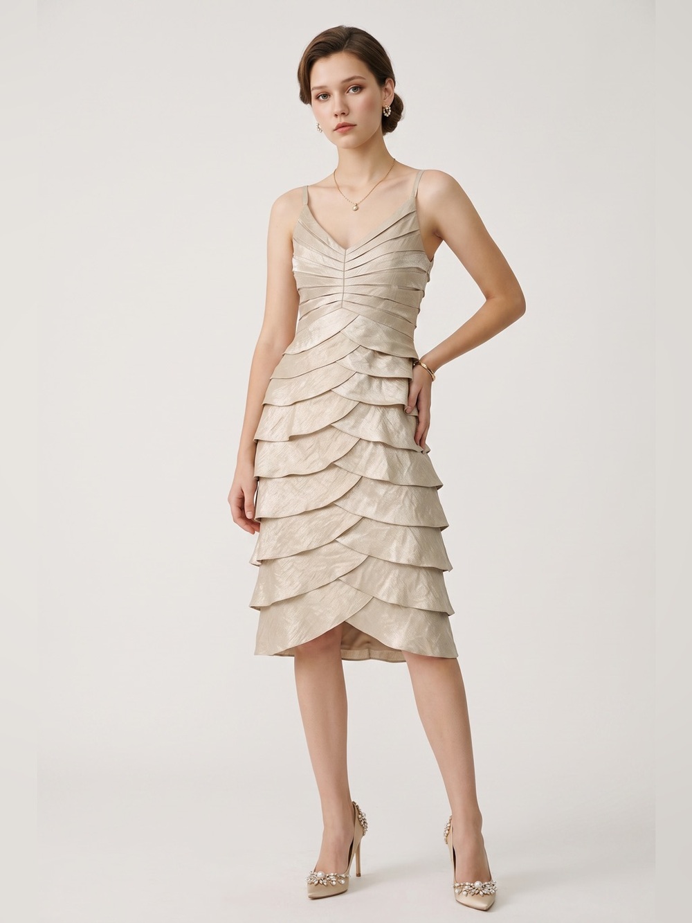Adrianna Papell Champagne Gold Tiered Ruffle Satin Cocktail Dress M